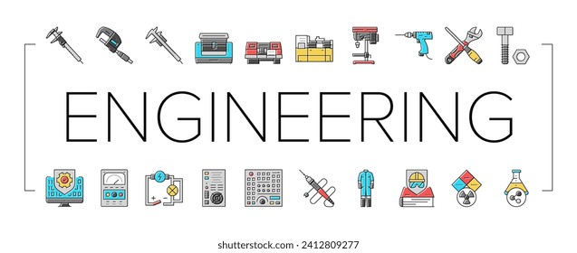 engineering tool work wrench icons set vector. gear spanner, engineer industry, repair computer, technology, mechanic, hammer engineering tool work wrench color line illustrations