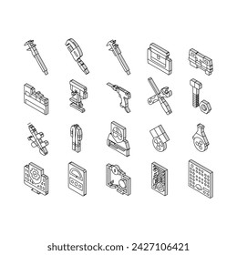 engineering tool work wrench isometric icons set. gear spanner, engineer industry, repair computer, technology, mechanic, hammer engineering tool work wrench color line
