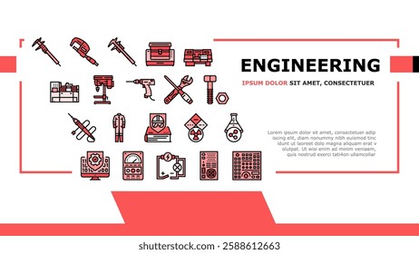 engineering tool work wrench landing web page vector. gear spanner, engineer industry, repair computer, technology, mechanic, hammer engineering tool work wrench Illustration