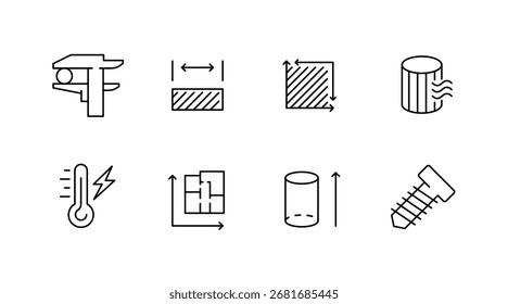 Engineering tools outline icons set - linear, blueprint, mechanical and technical symbols