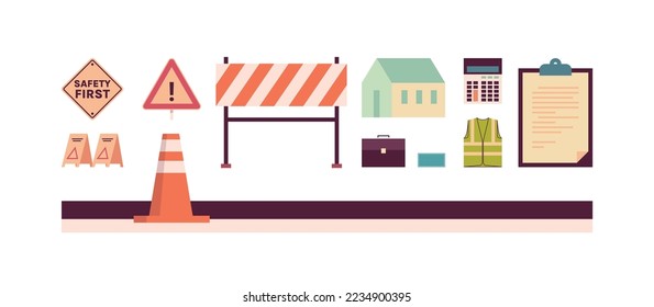 Engineering tools symbols and barrier, warning sign variety material concept copy space flat vector illustration.