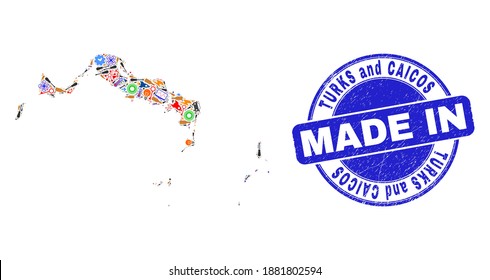 Ingeniería de las Islas Turcas y Caicos cartografía mosaico y sello de goma arañada MADE IN. Collage de mapas de las Islas Turcas y Caicos compuesto por francotiradores, cogs, destornilladores, componentes, transportes,