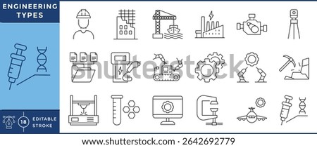 Engineering types icons set. 18 line icons. Vector editable stroke. Engineer, Chemical, civil, aviation, marine, data.