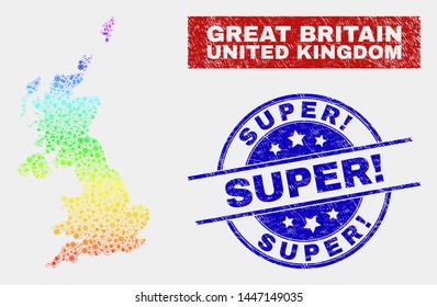 Engineering United Kingdom map and blue Super! scratched stamp. Spectrum gradiented vector United Kingdom map mosaic of mechanics parts. Blue round Super! stamp.