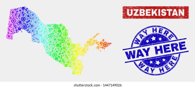 Engineering Uzbekistan map and blue Way Here textured seal. Rainbow colored gradiented vector Uzbekistan map mosaic of machinery. Blue round Way Here seal.