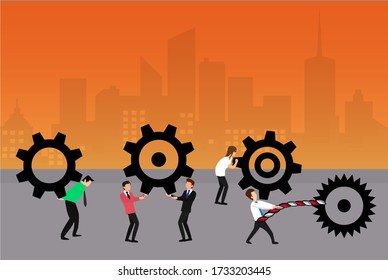 Engineering vector concept: businessmen lifting and carrying their big cogwheels on the streets