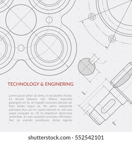 Engineering vector concept with part of machinery technical drawing. Machinery engineering mechanism, banner industry engineering drawing illustration