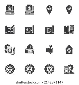 Engineering vector icons set, modern solid symbol collection, filled style pictogram pack. Signs, logo illustration. Set includes icons as architect construction plan, paper blueprint, manufacturing