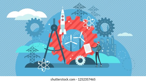 Engineering Vector Illustration. Professional Urban Architect Occupation. Project With Industrial Business Concept And Power Station Construction. Modern Work With Precise Math And Physics Calculation