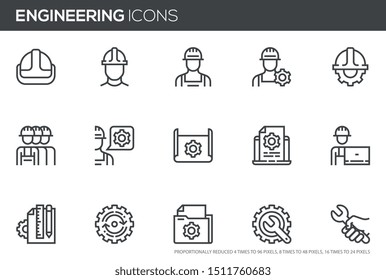Engineering vector line icons set. Manufacturing, engineer, blueprint. Editable stroke. Perfect pixel icons, such can be scaled to 24, 48, 96 pixels.