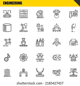 engineering vector line icons set. robot, building and industrial robot Icons. Thin line design. Modern outline graphic elements, simple stroke symbols stock illustration