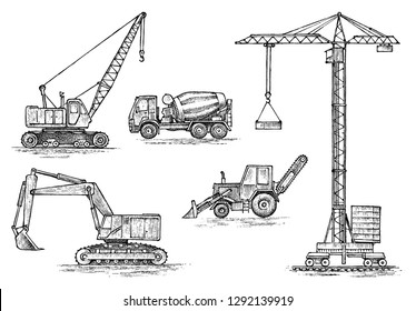 Engineering vehicle. Heavy equipment for the construction of buildings. Agricultural machinery. Crane and agrimotor, tractor and excavator, concrete truck for farm and earthwork operations. Hand drawn