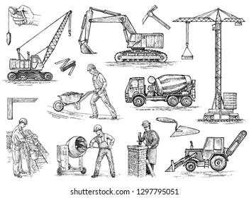 Engineering vehicle. Heavy equipment for the construction of buildings. Agricultural machinery. Crane and agrimotor, tractor and excavator, concrete truck for farm and earthwork operations. Hand drawn