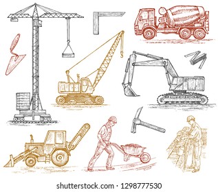 Engineering vehicle. Heavy equipment for the construction of buildings. Agricultural machinery. Crane and agrimotor, tractor and excavator, concrete truck for farm and earthwork operations. Hand drawn