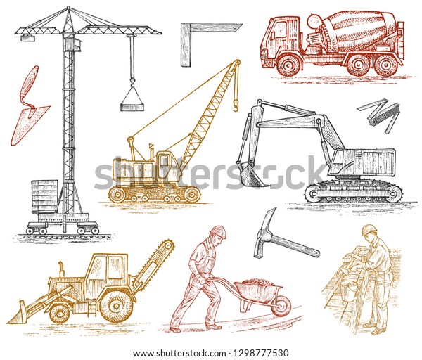 Engineering vehicle. Heavy equipment for the\
construction of buildings. Agricultural machinery. Crane and\
agrimotor, tractor and excavator, concrete truck for farm and\
earthwork operations. Hand\
drawn