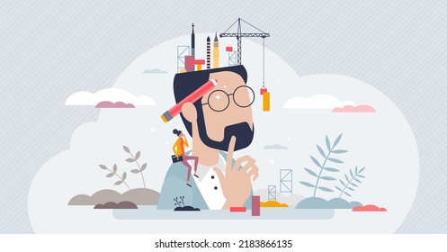 Engineering vision and technological mindset skills tiny person concept. Mind ability to find mechanical solutions, project planning and technical thinking vector illustration. Engineer work