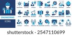 Engineering web banner icon set vector illustration. Containing blueprint, engineer, tools, construction, mechanical, industrial, worker, engine, manufacturing and machinery icons symbol collection. 