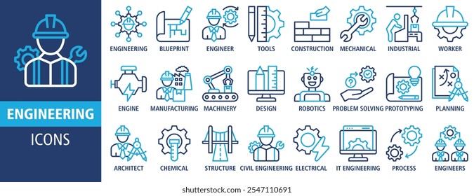 Ingenieurwebbanner-Symbolsatz, Vektorgrafik. Enthaltend Blaupause, Ingenieur, Werkzeuge, Konstruktion, mechanische, industrielle, Arbeiter, Motor, Fertigung und Maschinen Symbole Sammlung. 