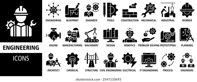 Ilustración vectorial de conjunto de iconos de Anuncio de Web de ingeniería. Contiene planos, ingenieros, herramientas, construcción, mecánica, industrial, obrero, motor, manufactura e íconos de maquinaria símbolo de colección. 