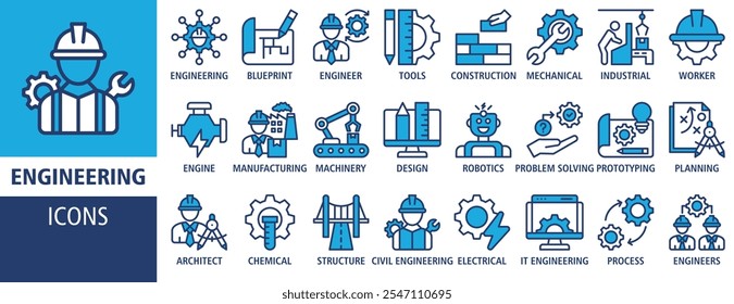 Ilustración vectorial de conjunto de iconos de Anuncio de Web de ingeniería. Contiene planos, ingenieros, herramientas, construcción, mecánica, industrial, obrero, motor, manufactura e íconos de maquinaria símbolo de colección. 