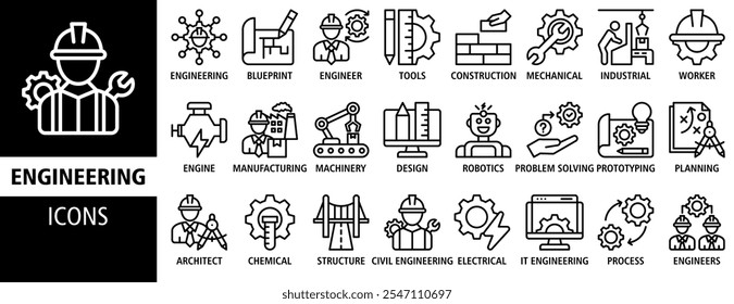 Engineering web banner icon set vector illustration. Containing blueprint, engineer, tools, construction, mechanical, industrial, worker, engine, manufacturing and machinery icons symbol collection. 