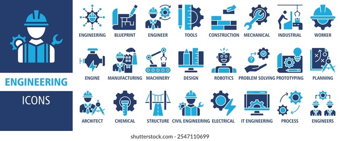 Ilustración vectorial de conjunto de iconos de Anuncio de Web de ingeniería. Contiene planos, ingenieros, herramientas, construcción, mecánica, industrial, obrero, motor, manufactura e íconos de maquinaria símbolo de colección. 