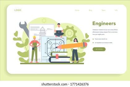 Engineering web banner or landing page. Technology and science. Professional occupation to design and build machines and structures. Architecture work or designer. Isolated flat vector illustration