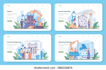 Banner web de ingeniería o juego de páginas de aterrizaje. Tecnología y ciencia. Ocupación profesional para diseñar y construir máquinas y estructuras. La arquitectura funciona. Ilustración vectorial plana aislada