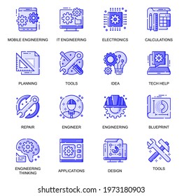 Engineering web flat line icons set. Pack outline pictogram of it industry, electronics, technician tools, tech help, repair concept. Vector illustration of symbols for website mobile app design