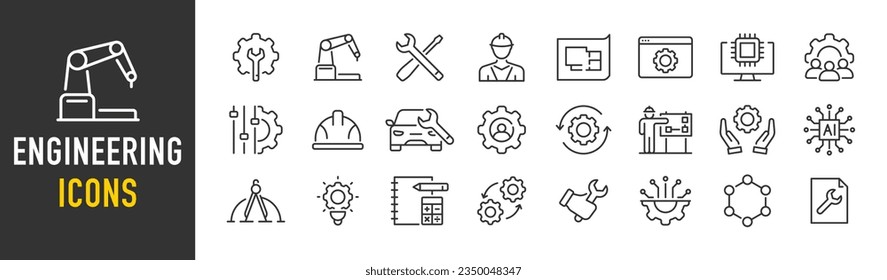 Diseñar iconos web en estilo de línea. Fabricación, ingeniería, herramientas, producción, aplicación, recolección. Ilustración vectorial.