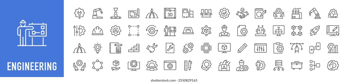 Erstellen von Web-Symbolen im Linienstil. Herstellung, Ingenieur, Werkzeuge, Produktion, Anwendung, Sammlung. Vektorgrafik.