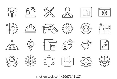 Ícones da Web de engenharia no estilo de linha. Fabricação, engenharia, ferramentas, produção, aplicação, coleta. Ilustração vetorial.
