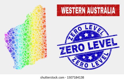 Engineering Western Australia map and blue Zero Level distress watermark. Spectral gradient vector Western Australia map mosaic of engineering components. Blue rounded Zero Level stamp.