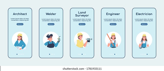 Engineering women jobs onboarding mobile app screen flat vector template. Gender equality. Walkthrough website steps with characters. UX, UI, GUI smartphone cartoon interface, case prints set