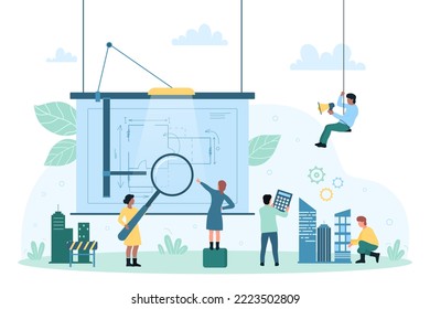 Engineering work, architecture vector illustration. Cartoon tiny architects looking through magnifying glass at construction plan on board, holding calculator and model of contemporary buildings svg