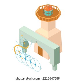 Engineering Work Icon Isometric Vector. Arch Project And Lighthouse Building. Designing, Building, Reconstruction