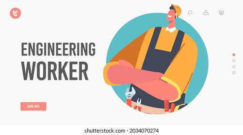 Engineering Worker Landing Page Template. Handyman, Engineer, Master or Foreman Character in Robe with Tools on Belt. Professional Industrial Constructor in Safety Helmet. Cartoon Vector Illustration