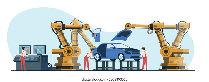 Engineering workers in uniform work in car factory on an automated assembly line. Conveyor and assembly worker characters. Industrial process cartoon flat style isolated vector concept