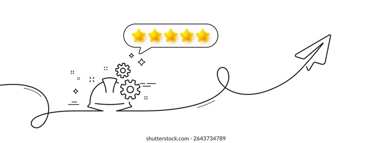Engineering working process line icon. Continuous line with share plane. Engineer or architect helmet sign. Industrial job symbol. Five star rate review in speech bubble. Vector