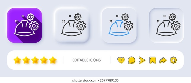Ícone da linha do processo de trabalho de engenharia. Neumórfico, sombra plana, botões 3d. Sinal de capacete de engenheiro ou arquiteto. Símbolo de trabalho industrial. Ícone do processo de trabalho de linha. Ícones de mídia social. Vetor