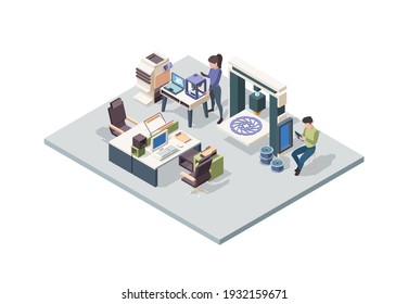 Engineers 3d printing. People designed use smart technology making 3d parts garish vector isometric interior with persons workers