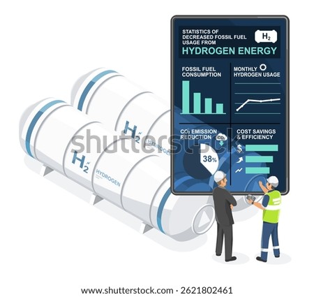 engineers analyzing infographic on hydrogen energy efficiency and fossil fuel reduction near hydrogen storage tanks isometric
