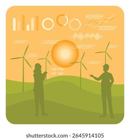 Engineers analyzing solar and wind energy with analytical data visualizations, symbolizing sustainability solutions and green energy technologies. Sustainable energy concept.