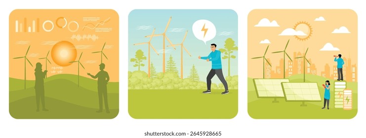 Engineers analyzing solar and wind energy with analytical data visualizations. Promoting renewable energy with wind turbines. Sustainable technologies and modern energy. Sustainable energy concept.