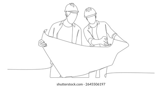Engineers  Architects Reviewing Blueprint – Minimalist Continuous‑Line Construction Illustration