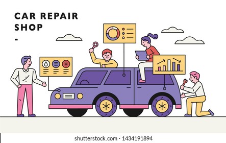 Ingenieros en un taller de reparación de automóviles. Diseño de conceptos de información gráfica automotriz. ilustración vectorial mínima de diseño plano.