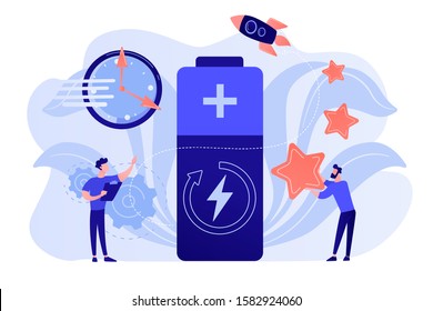 Engineers with battery charging, clock and stars with rocket. Fast charging technology, fast-charge batteries, new battery engineering concept. Pinkish coral bluevector isolated illustration