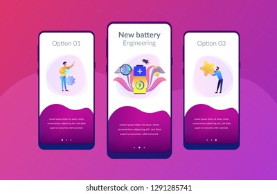 Engineers with battery charging and stars with rocket. Fast charging technology, fast-charge batteries, new battery engineering concept. Mobile UI UX GUI template, app interface wireframe