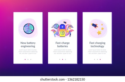 Engineers with battery charging and stars with rocket. Fast charging technology, fast-charge batteries, new battery engineering concept. Mobile UI UX GUI template, app interface wireframe