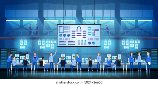 IT engineers in big data center work on new technology government project with server rooms and computers